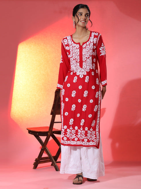 Samma Premium Hand Embroidery Chikankari Kurta in Modal Cotton- Red